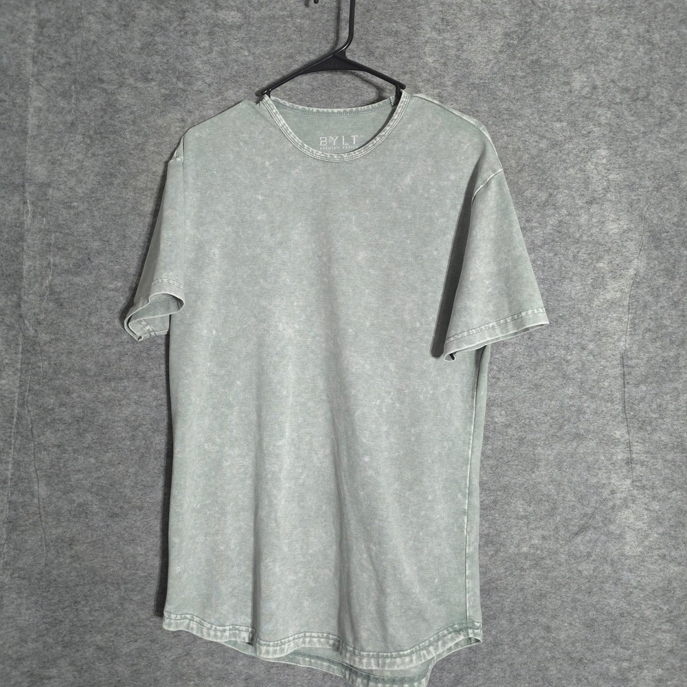 BYLT Signature T-Shirt Mens M Sage Green Acid Wash Drop Cut Curved Hem Stretch